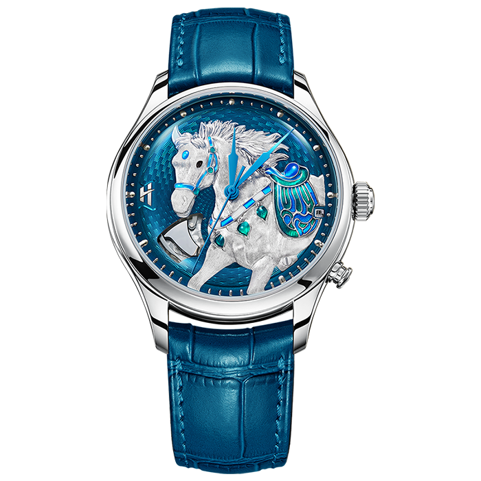 Lucky Harvey Blue Titanium Chiming Horse watch — Year of the Horse 2026 limited edition automaton dial