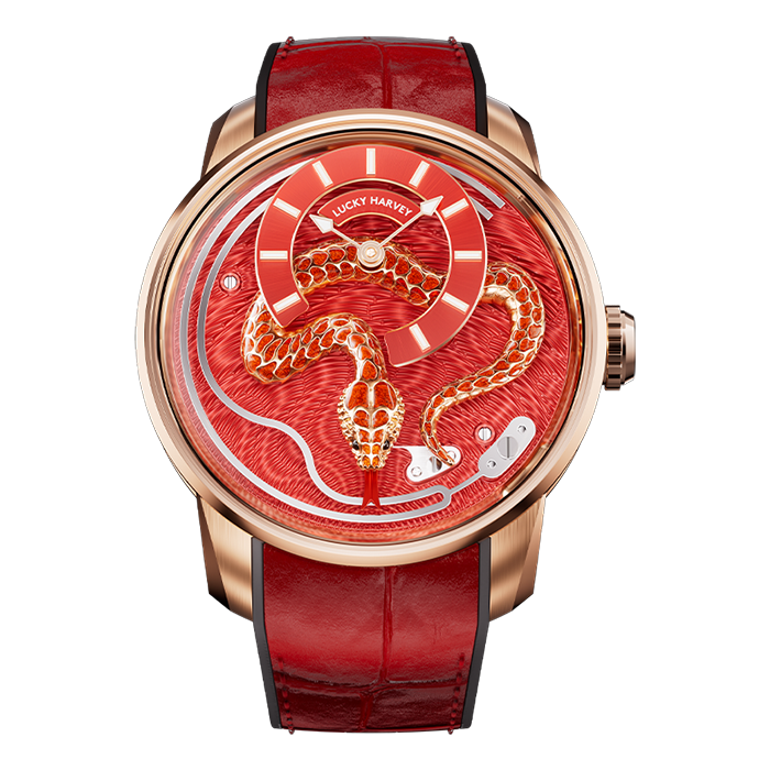 Snake watch — Lucky Harvey Red Enamel Chiming Snake with hand-engraved enamel serpent dial