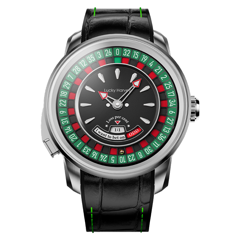 Best gift watch for a poker player — Lucky Harvey silver european roulette watch with working wheel