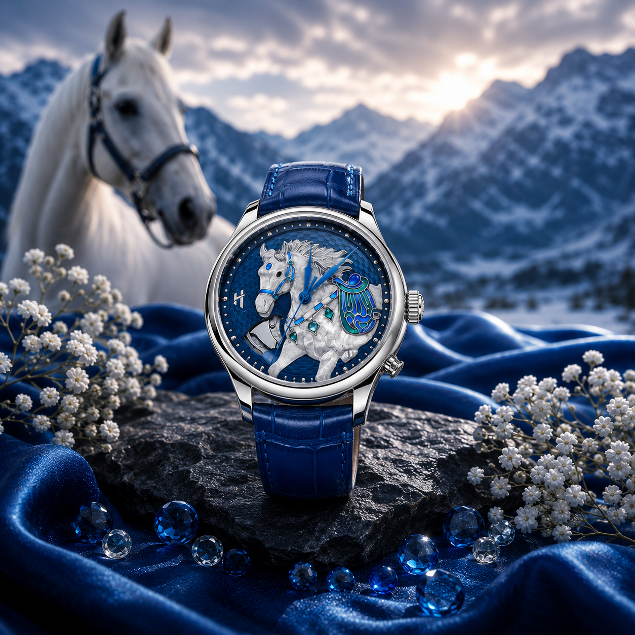 Chiming watch with automaton — hand-engraved silver horse that strikes the gong on the Lucky Harvey Titanium Chiming Horse dial