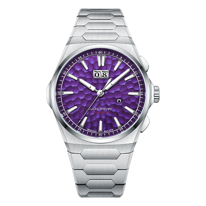 Lucky Harvey Sound of Nature Big Date Purple Hammer Chiming automatic watch with hand-hammered dial