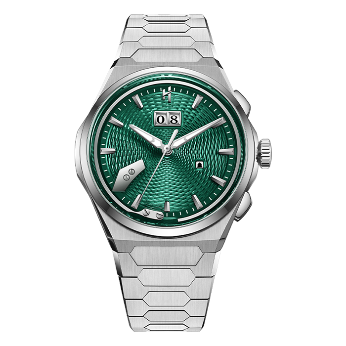 Lucky Harvey green titanium guilloché dial chiming watch with hand-engraved wheat ear guilloché pattern